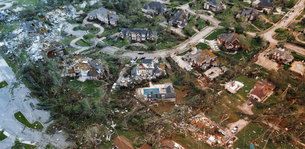 Damaged neighborhood after an EF3 Tornado