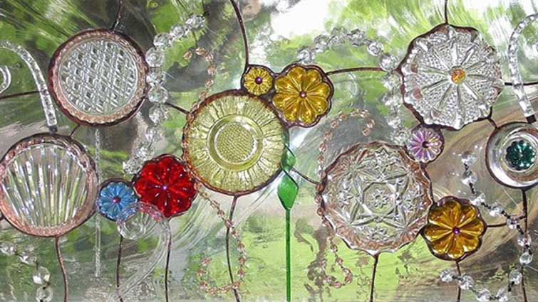 stained glass window made from recycled bottles