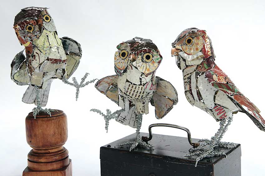 three owls made from scrap metal