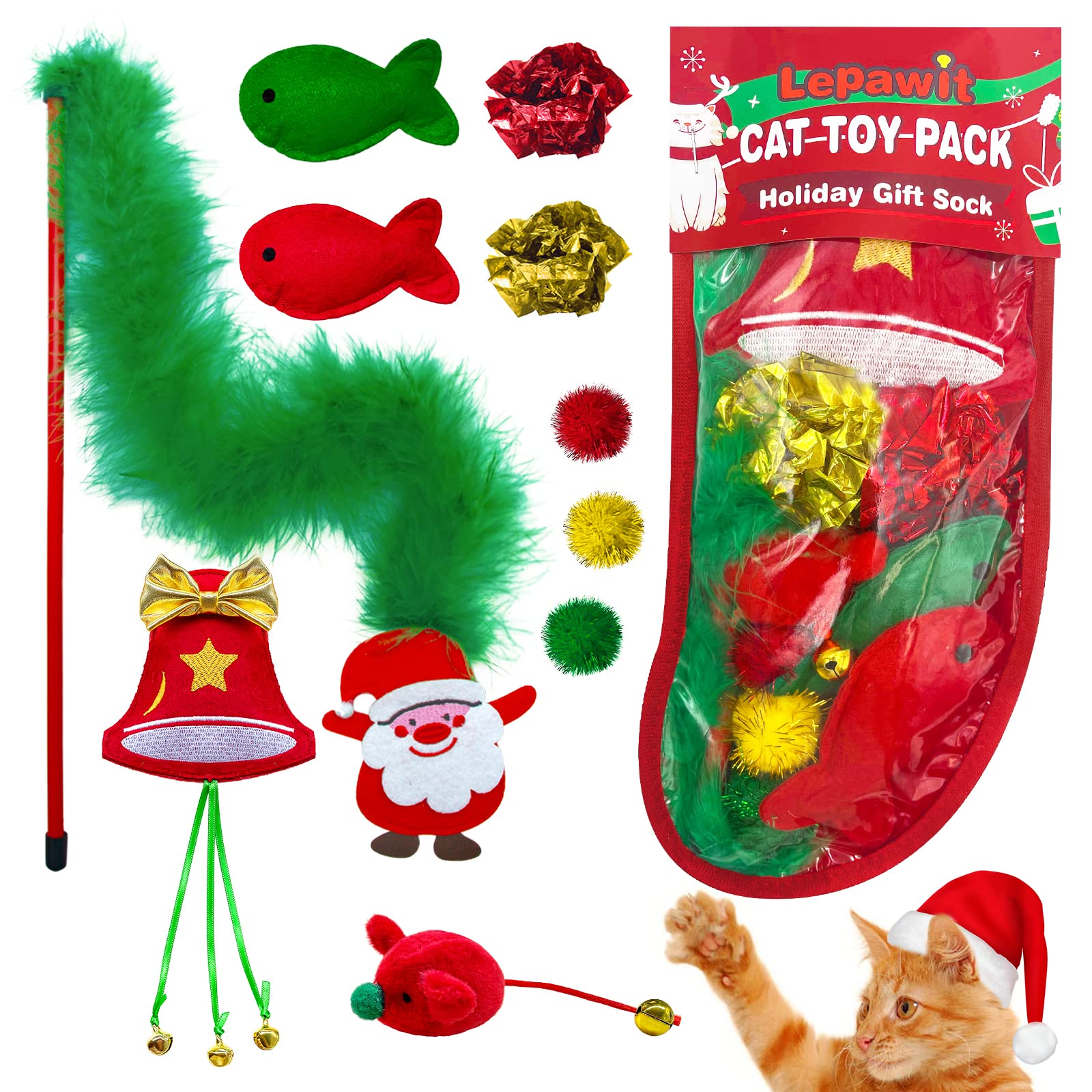 plastic stocking full of christmas-themed cat toys