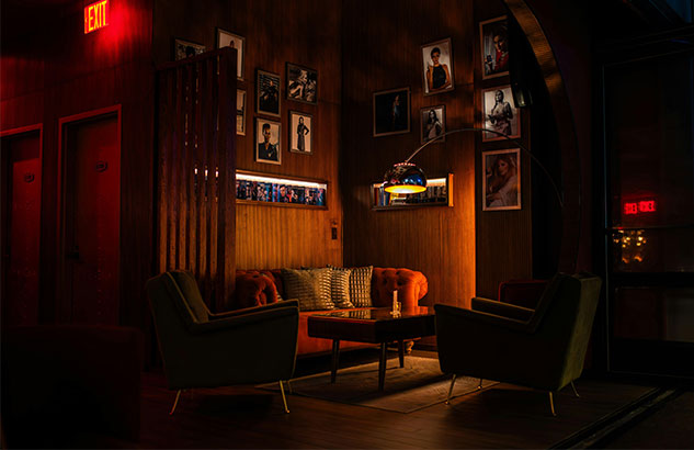 lounge bar with red sofa