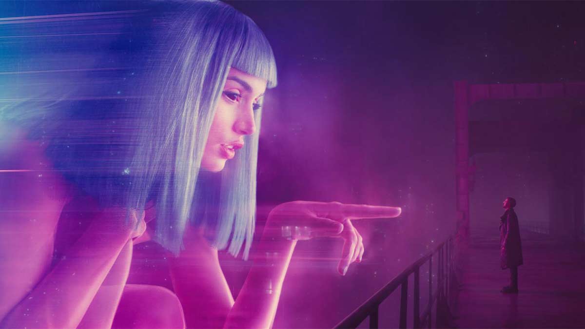 Blade Runner 2049 (2017) Denis Villeneuve digital color grading holographic woman with blue hair on bridge