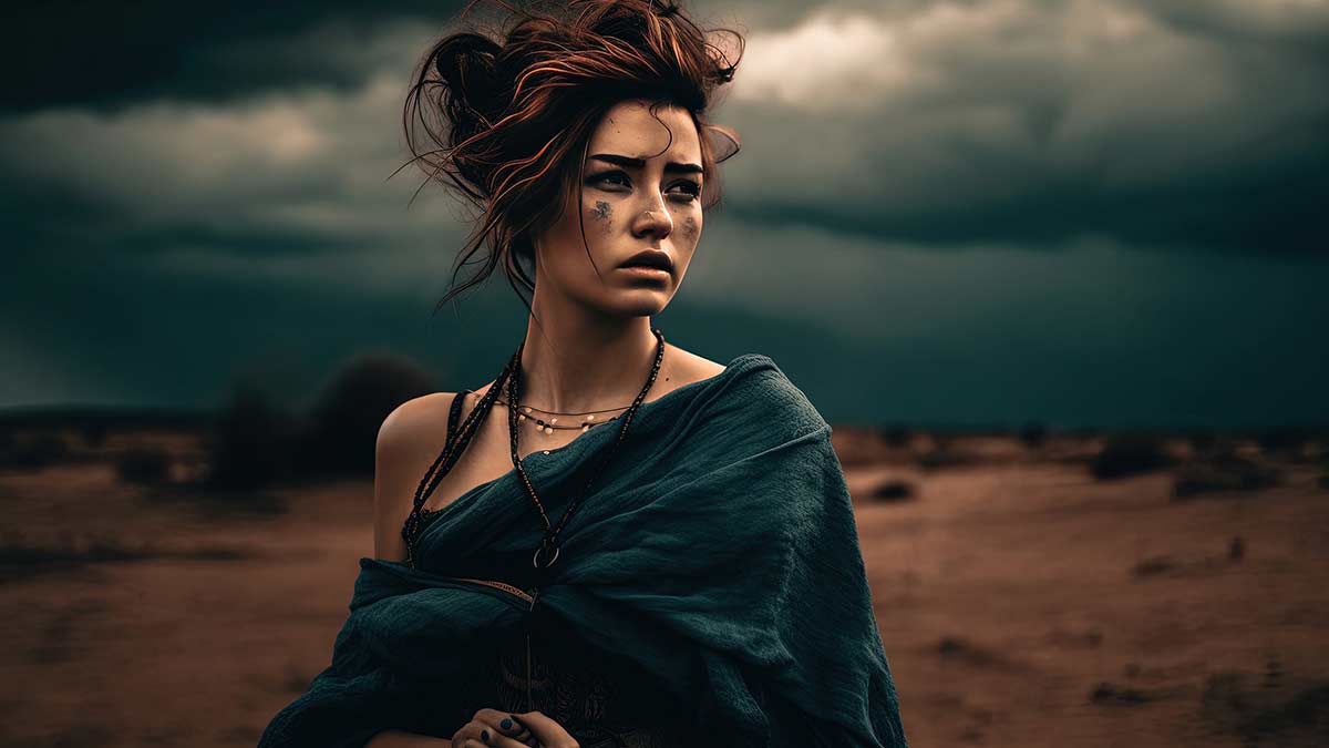 Dramatic scene of woman caught in storm with dirty face