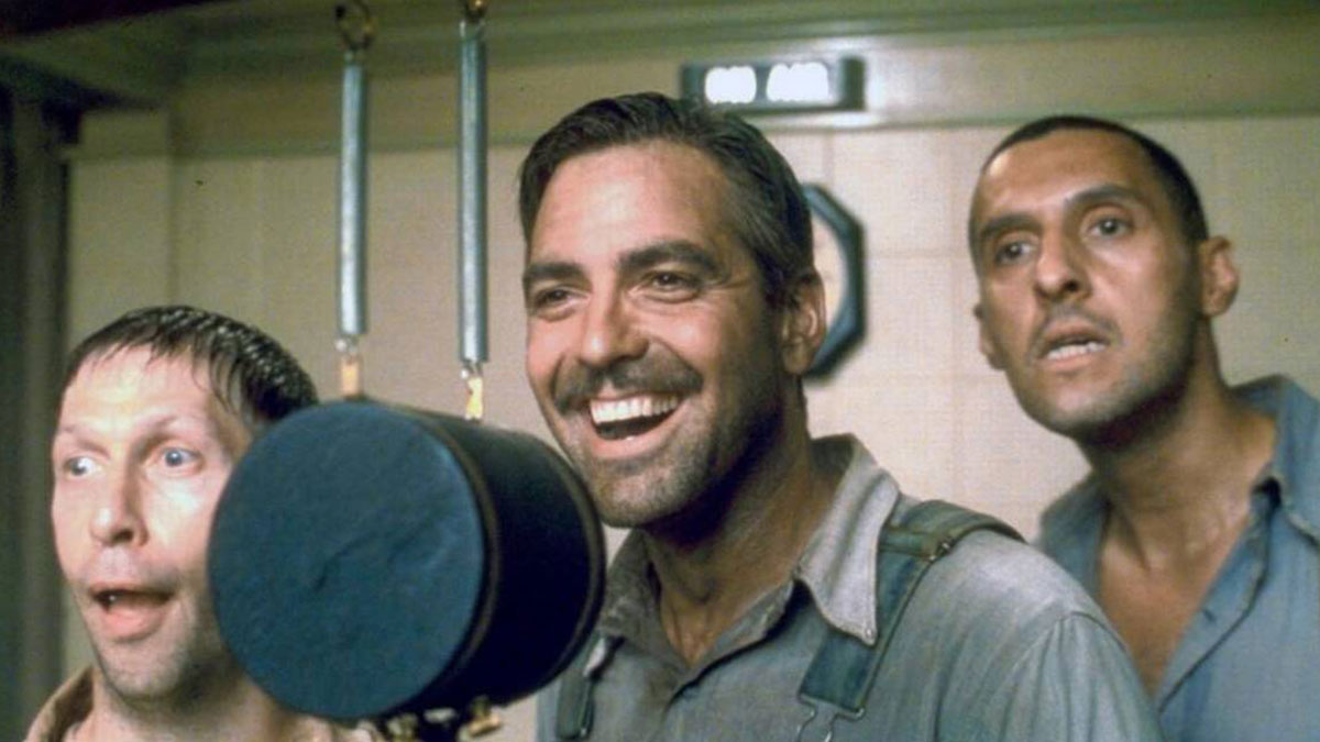 Scene from O Brother, Where Art Thou? showcasing digital color grading Soggy Bottom Boys singing into a can